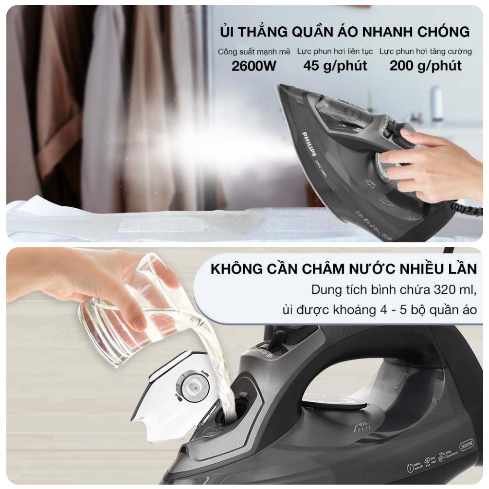 Bàn Ủi Hơi Nước Philips DST5040/80, Công suất 2600W - Hơi Tăng cường 200g/phút, Mặt đế Steamglide Plus, Hàng Chính Hãng