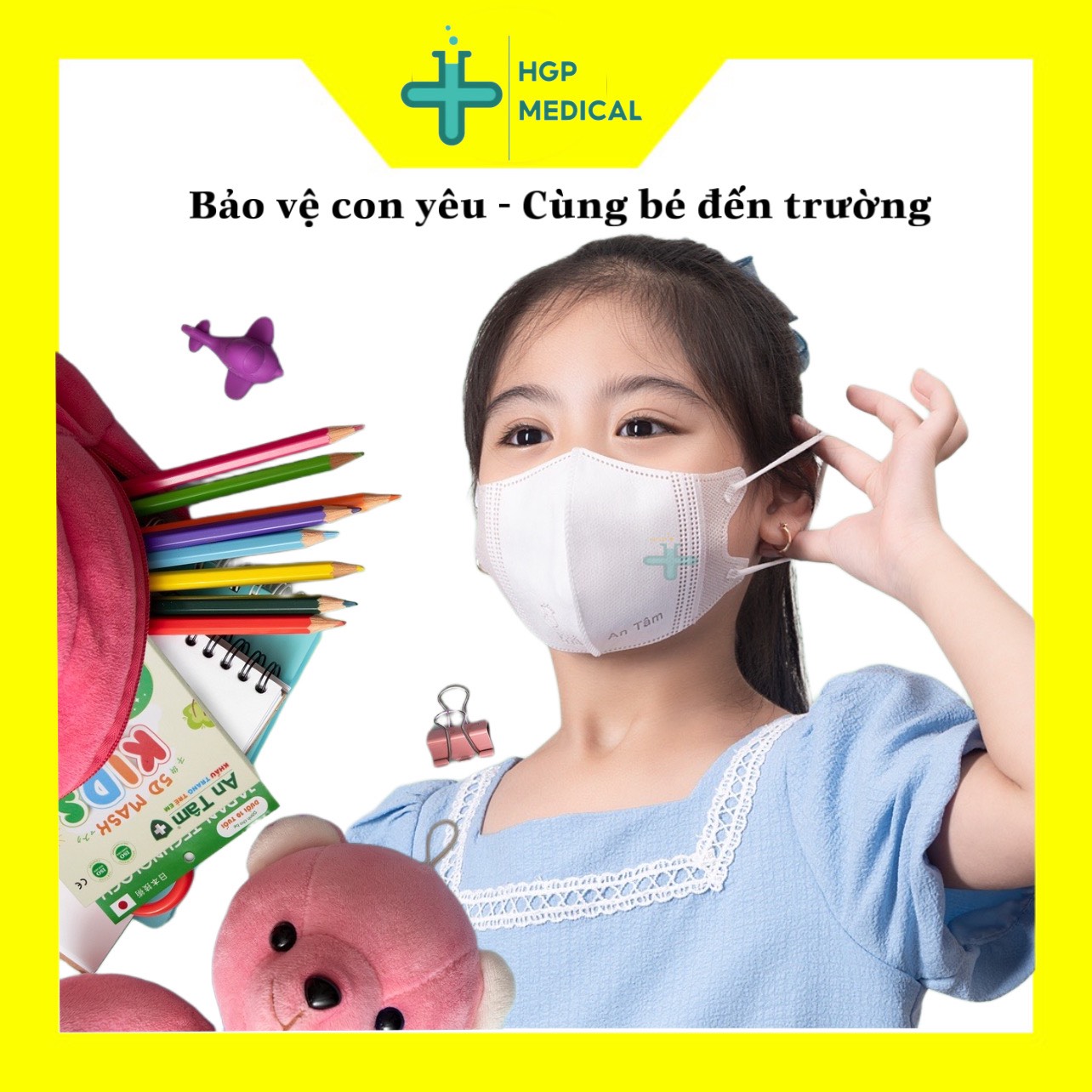 Khẩu trang trẻ em 5D An Tâm, trẻ em 0-10 tuổi, kháng khuẩn, kháng virus, ôm vừa mặt,chứng nhận tiêu chuẩn sản phẩm
