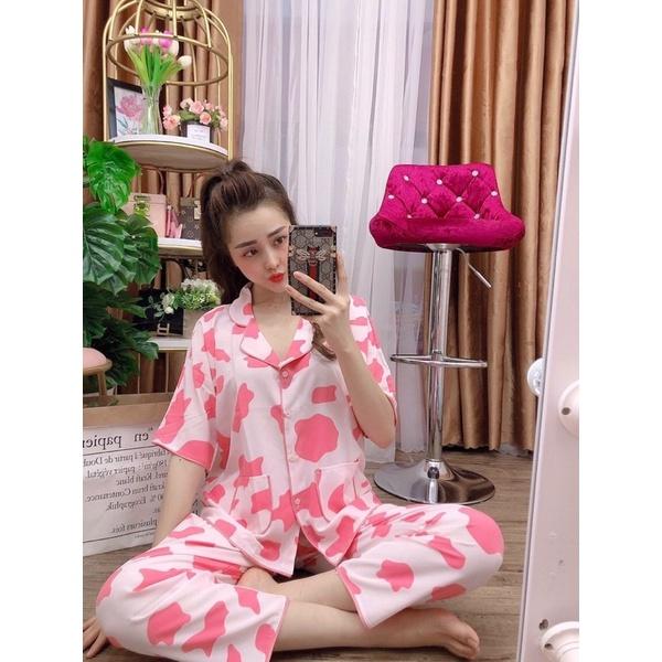 Đồ Bộ Pijama - Bộ Lụa Satin Dài Hoạ Tiết Bò Sữa Cao cấp Ulzzang