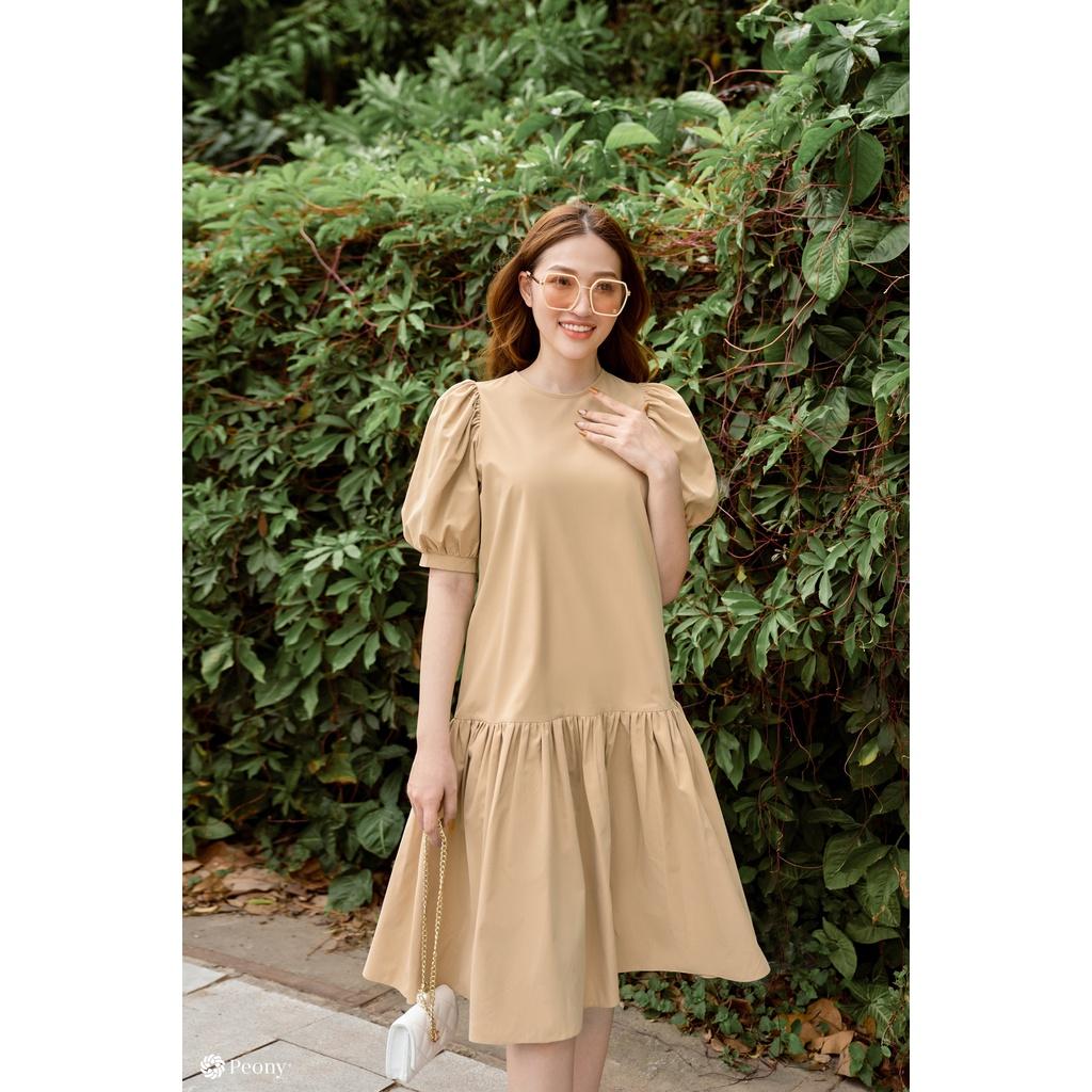 Váy A suông thoải mái, vai bồng rút tiểu thư, cổ tròn, tông be siêu nịnh da, kèm đai rời Peony - LAURIEL DRESS