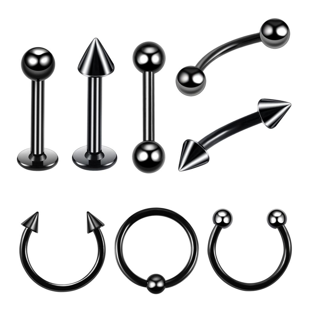 8 Pieces Black Nose Lip Tongue Studs Eyebrow Tragus Ring Piercings 16g 6mm