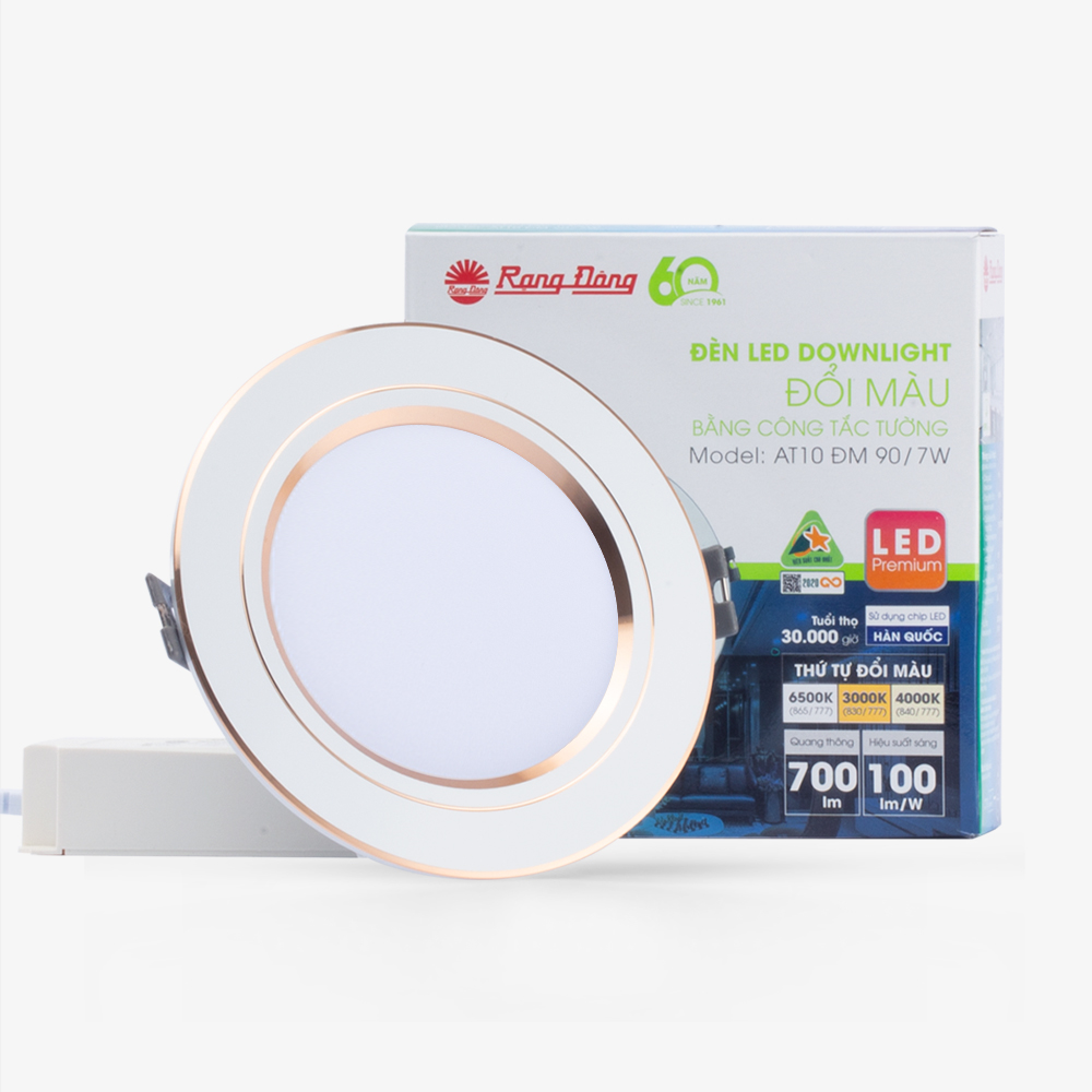 Đèn LED âm trần downlight 7W thay thế đèn compact âm trần 15W, tuổi thọ gấp 2,5 lần, tiết kiệm 50% điện năng, độ sáng ít suy giảm ... Model: AT10 ĐM 90/7W.