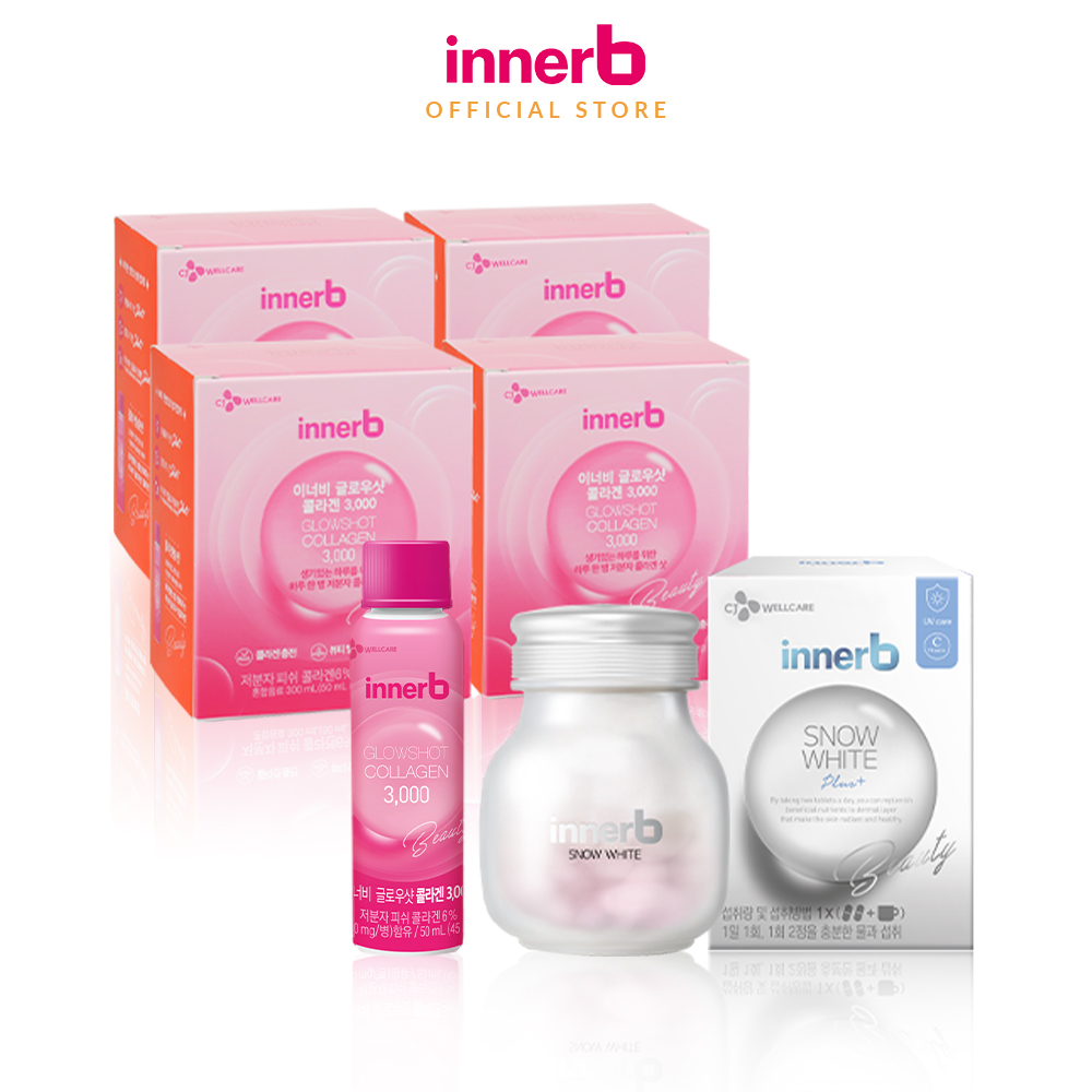 Combo 4 hộp 6 chai nước uống Collagen Vitamin C sáng da InnerB Glowshot và thực phẩm bảo vệ sức khỏe InnerB Snow White