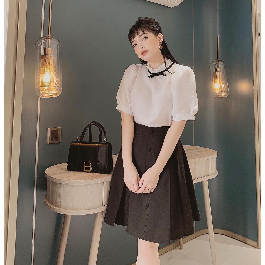 BÁN SỈ SET SƠ MI CỔ BÈO TAY BỒNG + CHÂN VÁY ĐEN