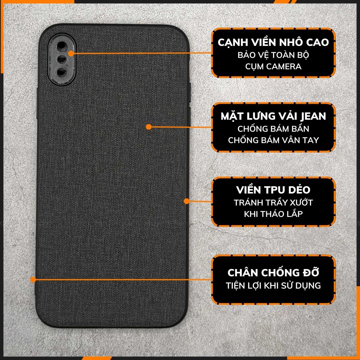 Ốp lưng xs max chống vân tay nhựa cứng viền đen vải jean 1 màu phụ kiện điện thoại huỳnh tân store