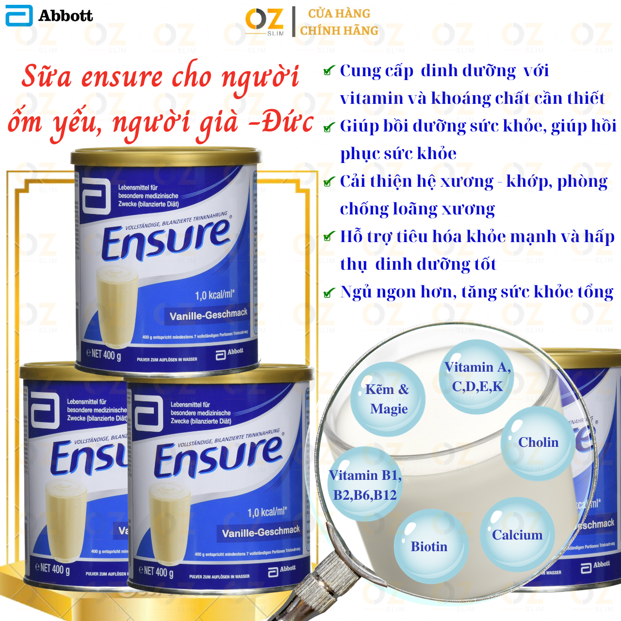 Sữa Bột Ensure Vanille - Geschmask, Ensure Đức Cho Người Lớn Tuổi, Giúp Hồi Phục Sức Khỏe Cho Người Gầy Yếu, Suy Dinh Dưỡng 400Grhộp - 3 Hộp 3X400G