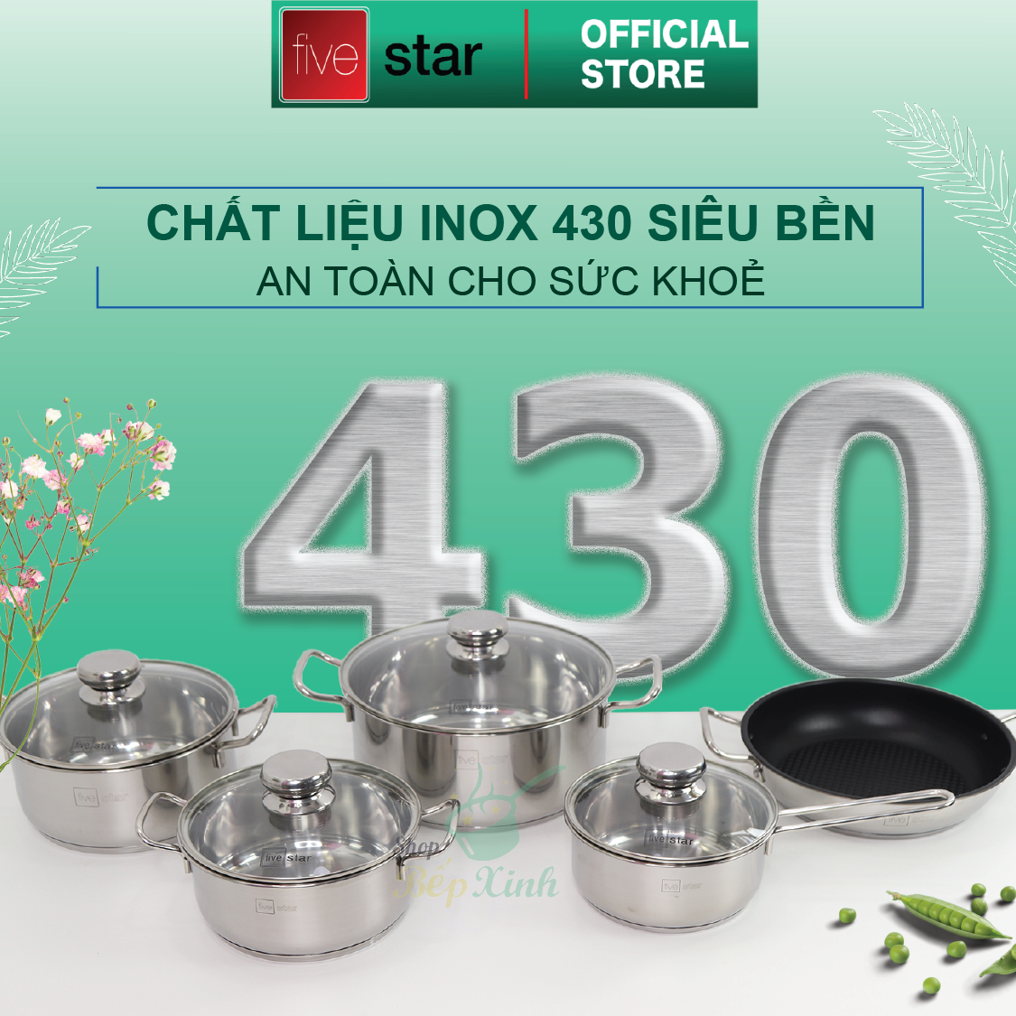 Bộ Nồi 5 Đáy Cao Cấp Bếp Từ Fivestar FSB55D001 Nắp Kính Inox 430 ( 1 quánh16cm x N18cm x N20cm x N24cm x C 24cm ) , tặng 1 vá canh