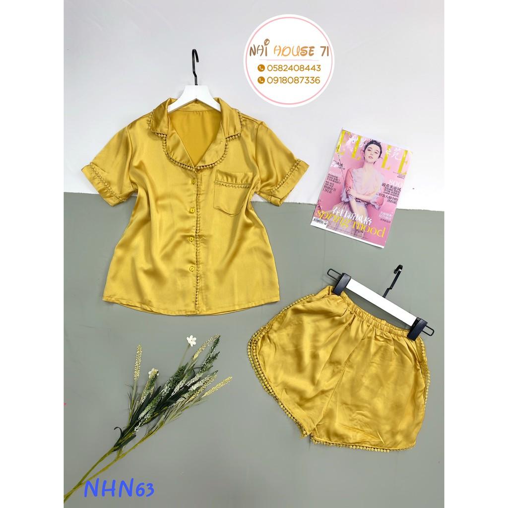 Bộ Mặc Nhà Nữ NHIHOUSE71 Pijama Lụa Satin Quần Ngắn Tay Ngắn Trơn Viền Ren Freesize 45-55kg