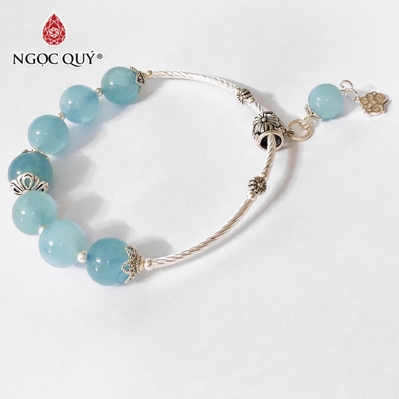 Vòng tay đá Aquamarine phối cây trí tuệ mệnh thủy, mộc - Ngọc Quý Gemstones