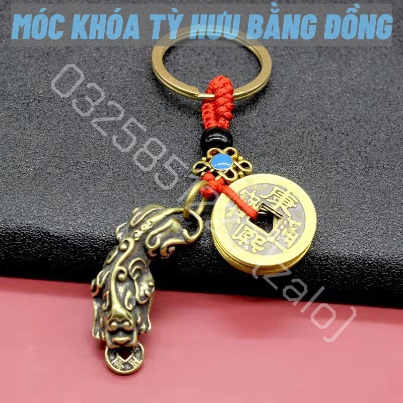 Móc Khóa Tỳ Hưu Kèm Xu Ngũ Đế Treo Xe Máy, Ô Tô, Túi Xách Phong Thủy May Mắn