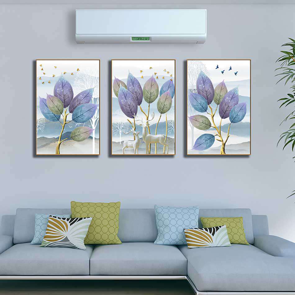 Bộ 3 tranh canvas treo tường Decor Họa tiết hươu dưới tán cây - DC207