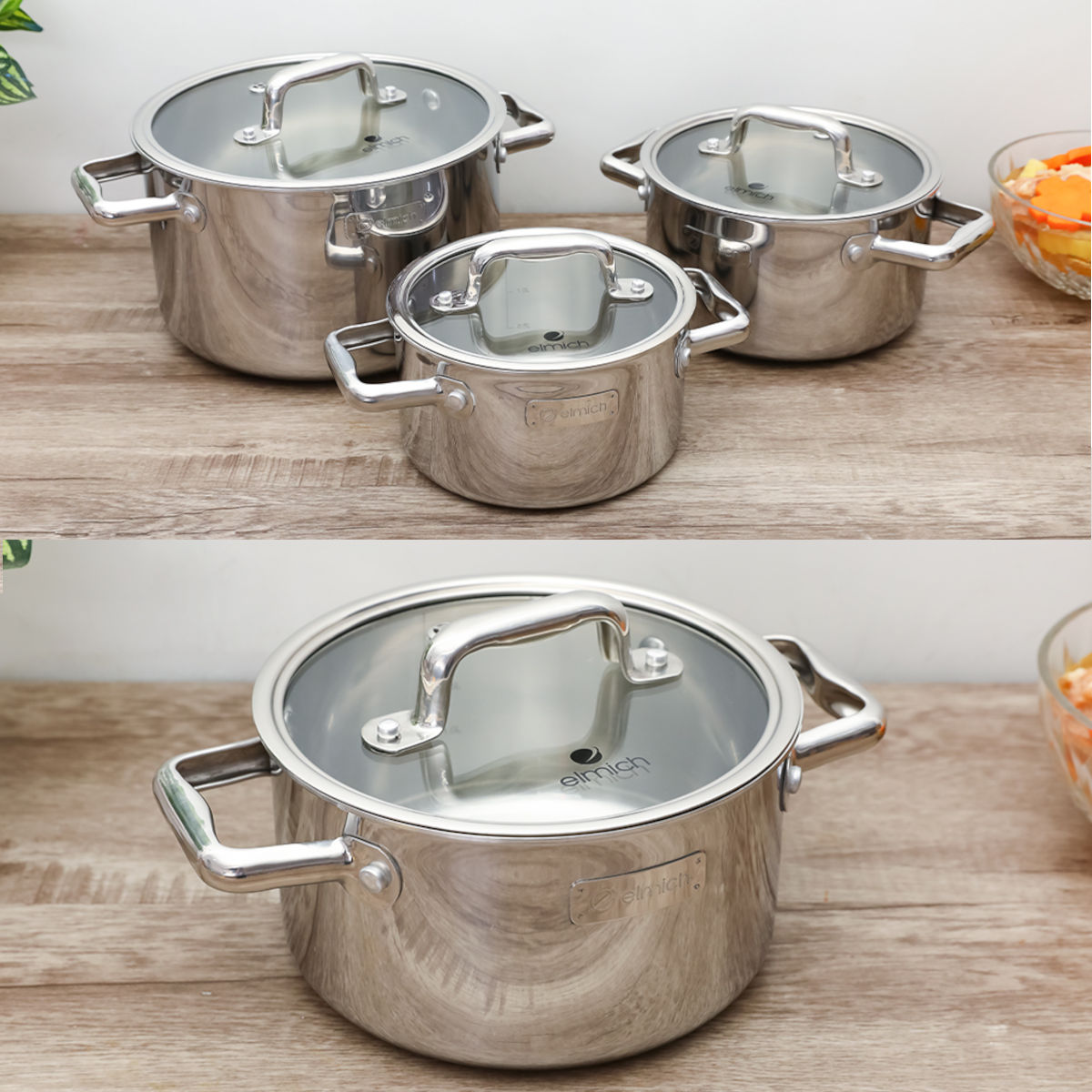 Bộ 3 nồi inox 304 liền khối Elmich Trimax ECO size 18, 20, 26cm - Hàng chính hãng