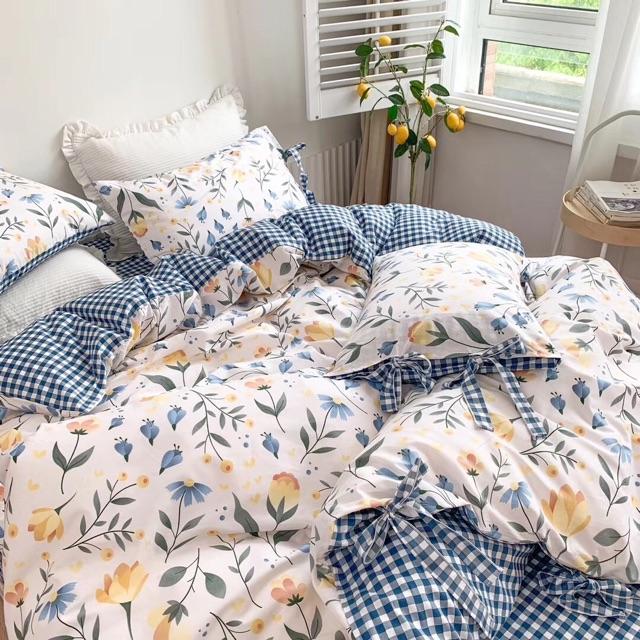 Set Chăn Ga Gối Cotton Dây Nơ Hàn Quốc Hàng Nhập Khẩu Cao Cấp 4 Món Hoa Xanh