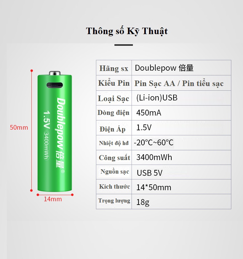 Pin Sạc 1.5V 3400mWh Chính Hãng Doublepow có cổng sạc USB ( Giá 1 Viên )