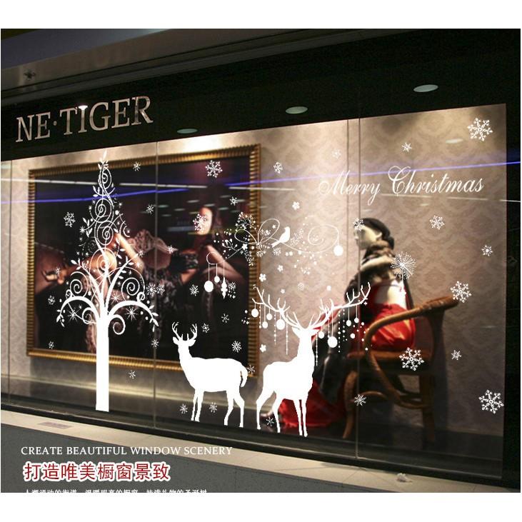 Decal trang trí noel thông trắng và Đôi Nai Trắng size lớn
