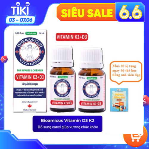 Combo 02 lọ BioAmicus Vitamin K2 D3 - MK7 10ml Chống Còi Xương, Hết Vặn Mình, Khóc Đêm-Tặng thẻ học tiếng anh