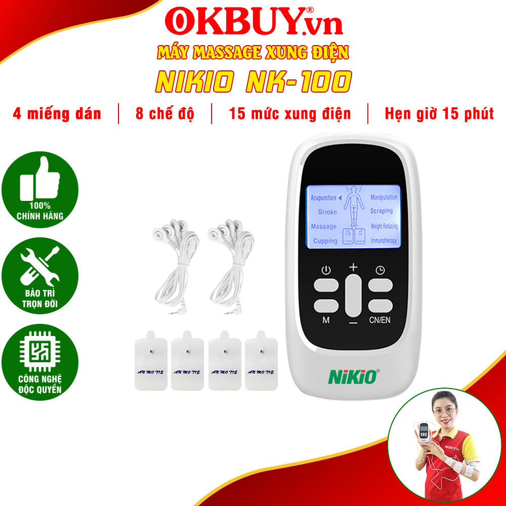 Máy Massage Xung Điện Nikio NK-100 - Trị Liệu Đau Nhức Cơ Bắp, Cải Thiện Căng Thẳng, Mệt Mỏi, 4 Miếng Dán Matxa Thư Giãn Toàn Thân, 8 Chế Độ, 15 Cường Độ Tùy Chỉnh - Dòng Pin Sạc Tiện Dụng