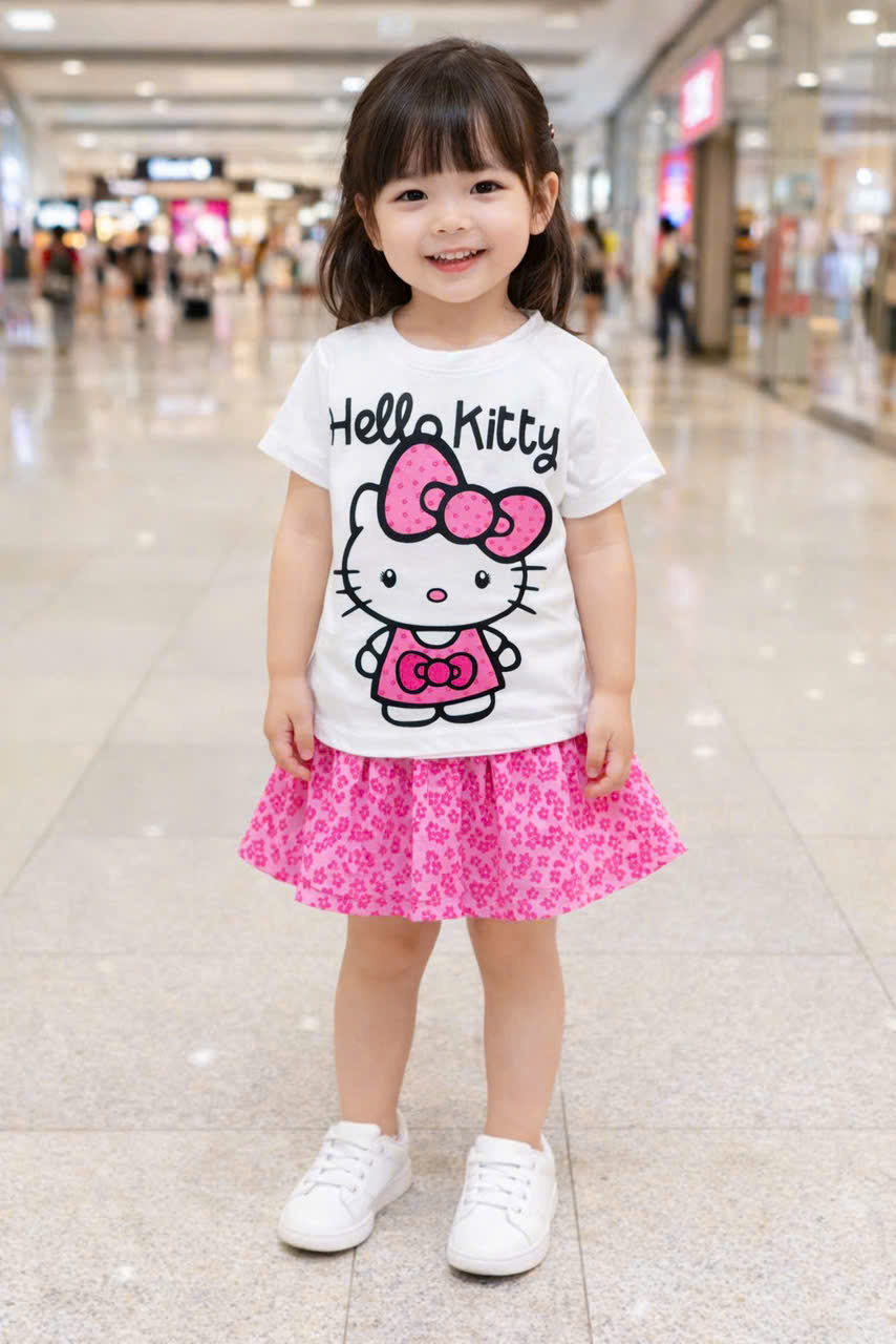 Đồ bộ bé gái, Bộ quần giả váy cho bé gái labubu gấu dâu capybara kuromi từ 10-38kg chất cotton hàng xuất mềm mịn mát