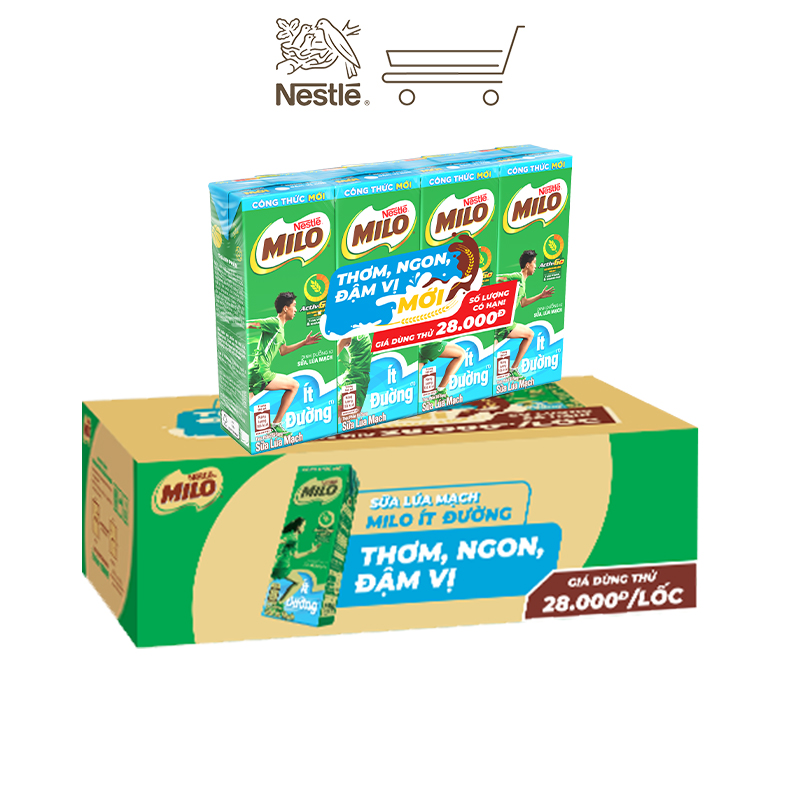 [GIÁ DÙNG THỬ] Sữa lúa mạch Nestlé MILO ÍT ĐƯỜNG (thùng 48 hộp x 180ml)