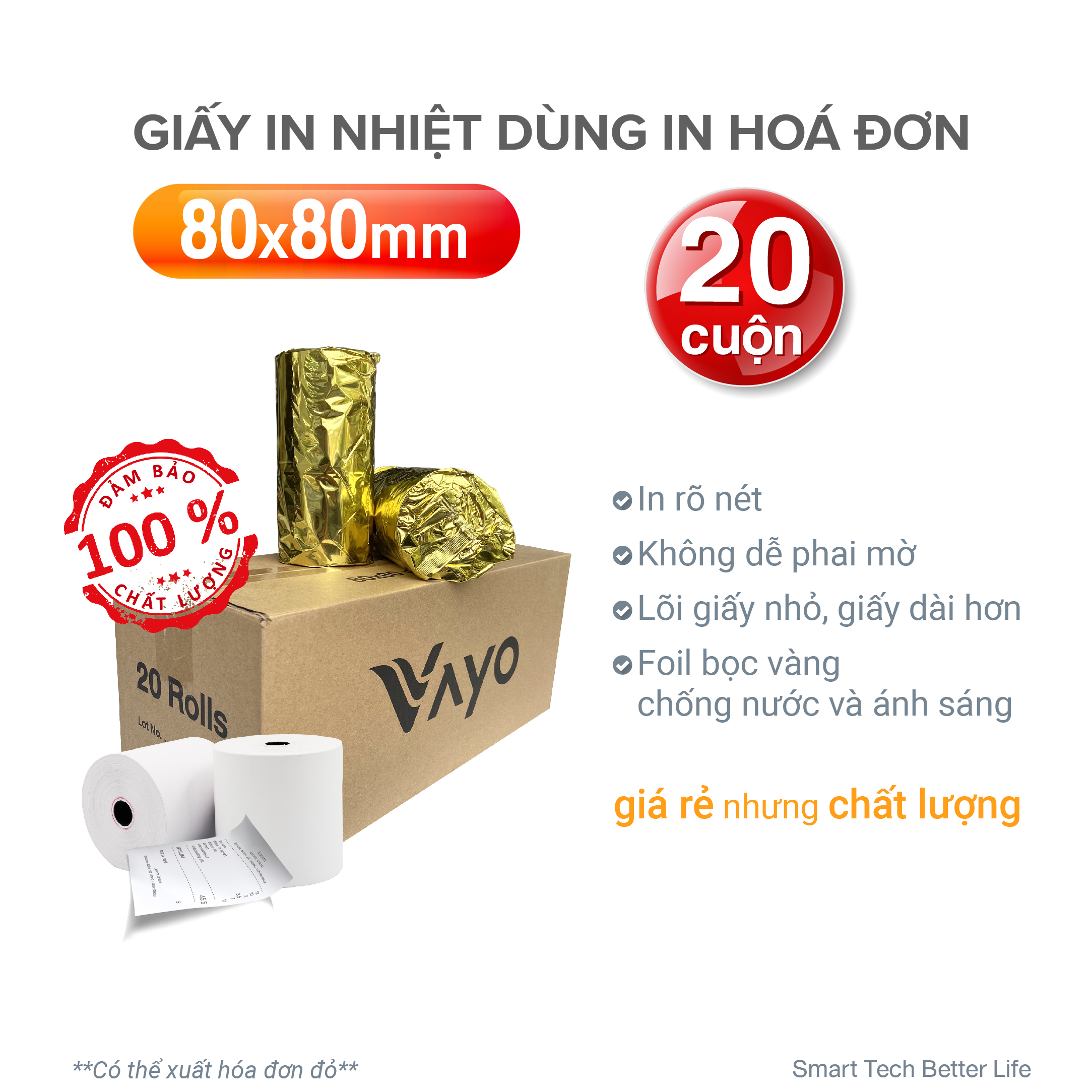 [20 cuộn] Giấy in nhiệt Giấy in bill VAYO Khổ 80 x 80 mm - định lượng 65gsm - In rõ nét - Lõi siêu nhỏ - Hàng chính hãng