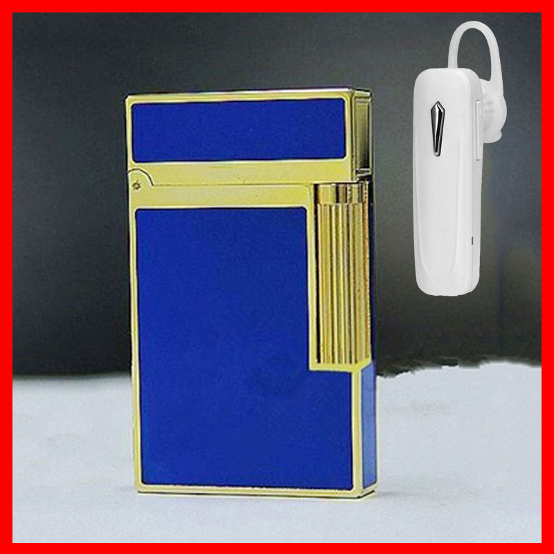 Combo Hộp Quẹt Bật Lửa Gas Đá D37 Sơn Mài Nền Xanh Viền Vàng  + Tặng Tai Nghe Bluetooth BT01 Kiểu Dáng Thể Thao