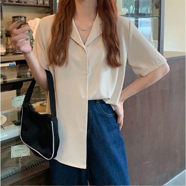 Áo sơ mi kiểu công sở tay ngắn cổ vest nữ form rộng đẹp 6 màu vintage Hàn Quốc