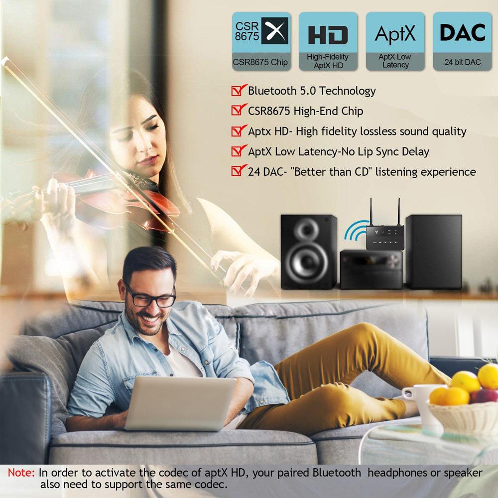 Máy phát TV Bluetooth - Máy phát âm thanh Bluetooth 5.2 với điều chỉnh âm lượng, bộ chuyển đổi Bluetooth cho TV/PC, APTX có độ trễ thấp, phạm vi Ultra -large, AUX/RCA/Optics