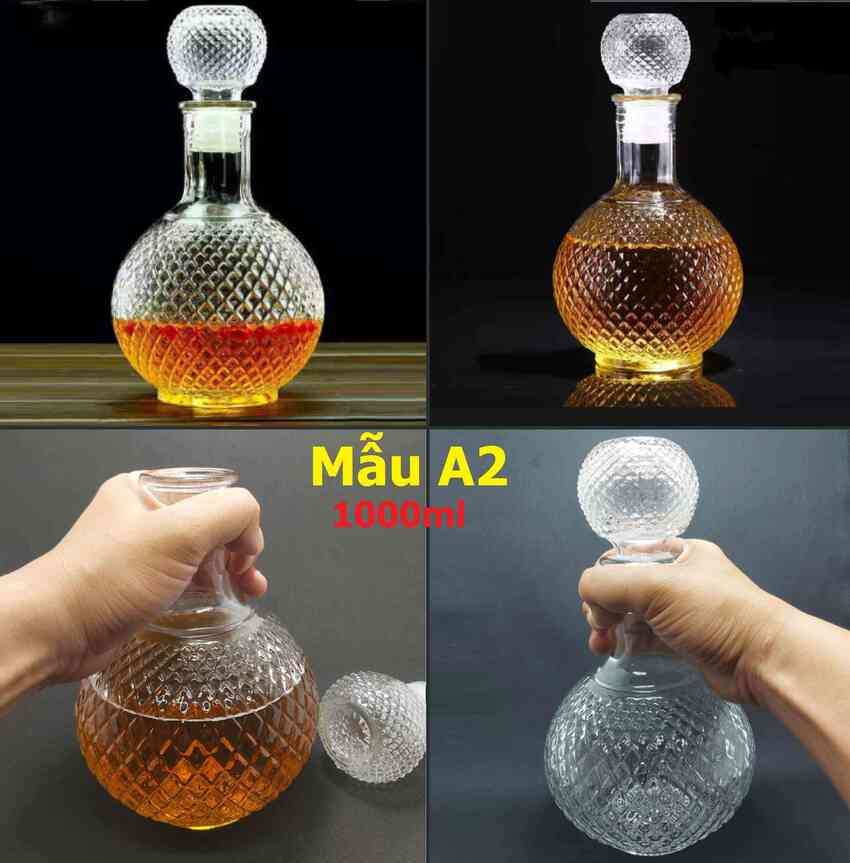 Chai Đựng Rượu Thủy Tinh 1 Lít  mẫu bầu tròn giác kim cương – Vỏ Chai Rượu Đẹp - Bình Đựng Ruou 1000ML siêu trong