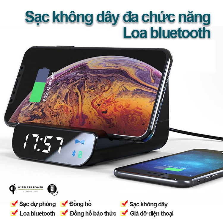 Bộ sạc không dây công suất 10W đa chức năng loa bluetooth, báo thức, sạc dự phòng, giá đỡ điện thoại rất tiện dụng WX016