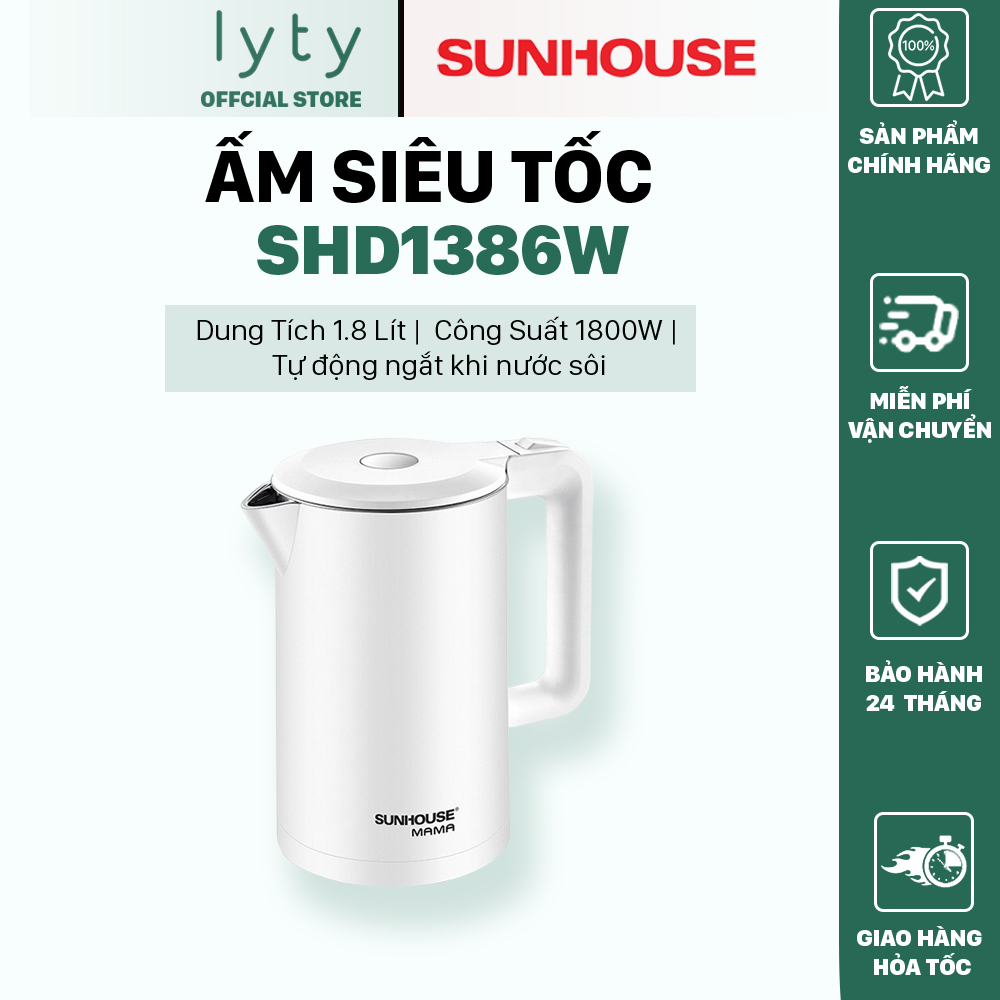 [Hàng Chính Hãng]  Ấm Siêu Tốc Inox 2 Lớp Cao Cấp Sunhouse SHD1386W 1.8 Lít - Bảo Hành 24 Tháng Toàn Quốc