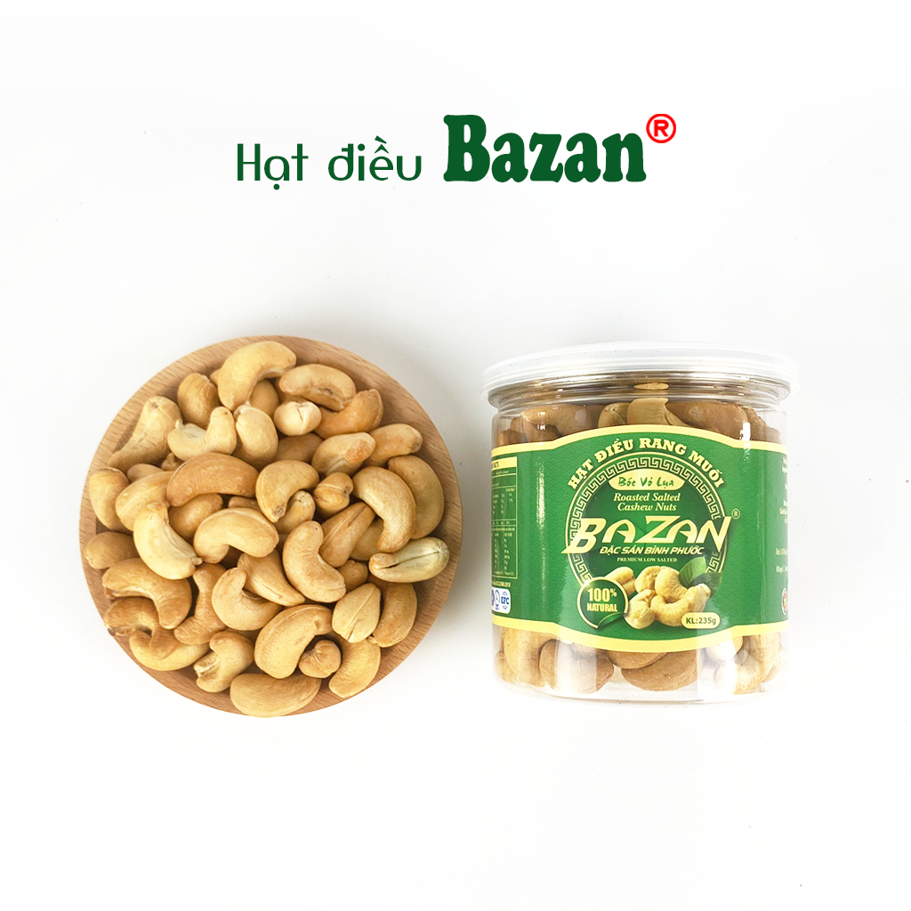 Hạt điều rang muối Bazan Bình Phước nguyên hạt dinh dưỡng A+ loại 1 hộp 235g nắp bật sạch vỏ lụa