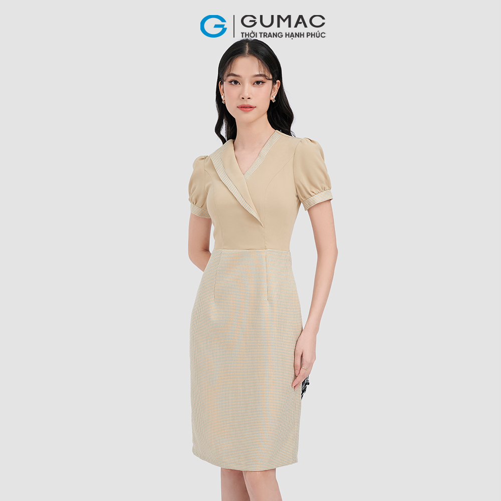 Đầm caro cổ phối viền thời trang GUMAC DC11060