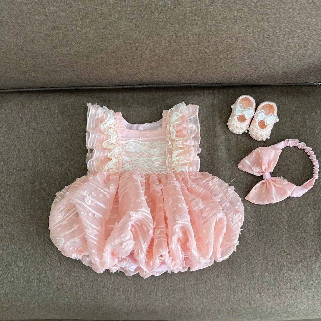 Set Body Váy Bí Voan Hoa Nổi Hồng Cho Bé Gái Sơ Sinh 1 2 Tuổi Từ 3-11KG Dành Cho Bé Gái