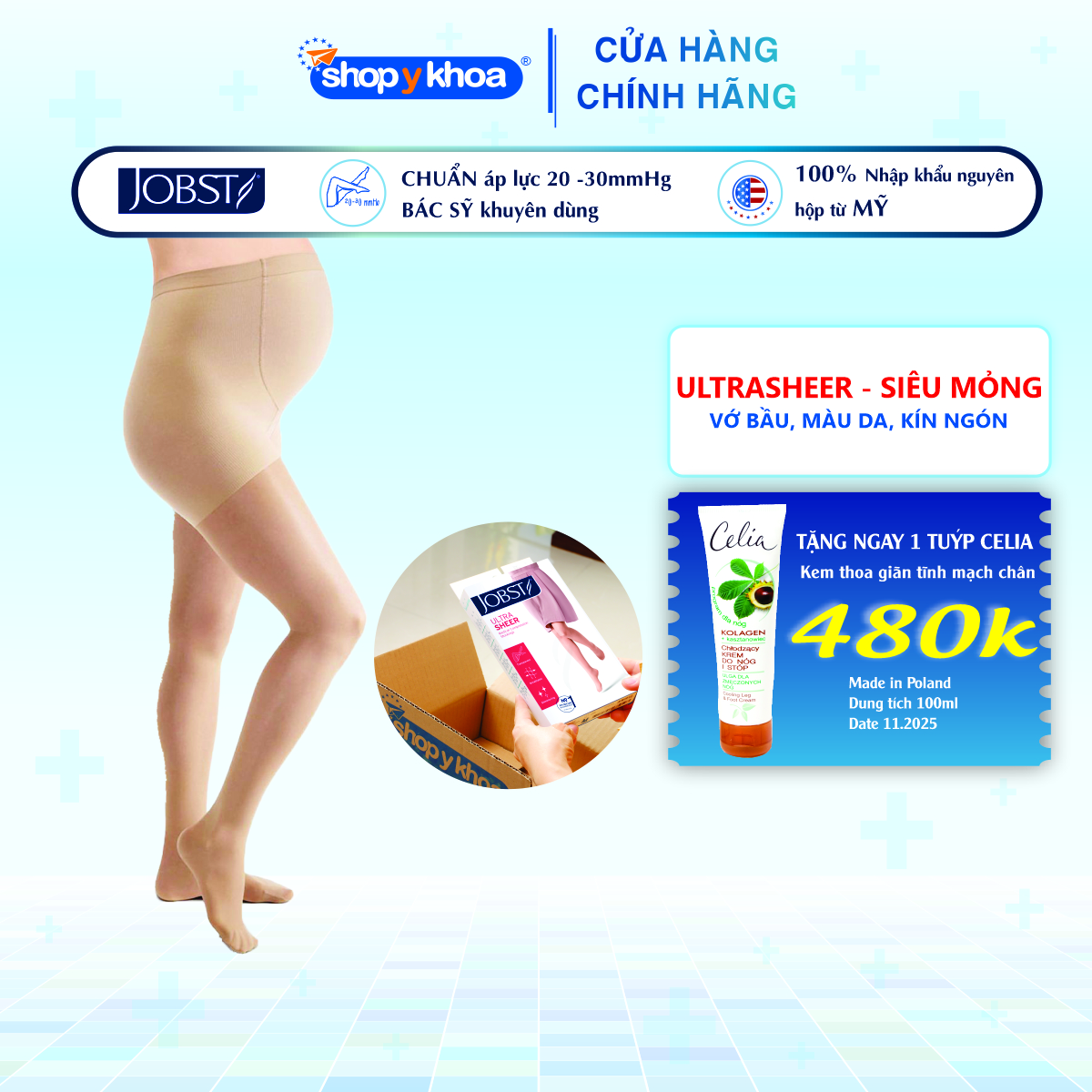 Vớ y khoa bầu JOBST UltraSheer - Siêu mỏng, màu da, kín ngón, 20-30mmHg, giãn tĩnh mạch chân (tất y khoa)