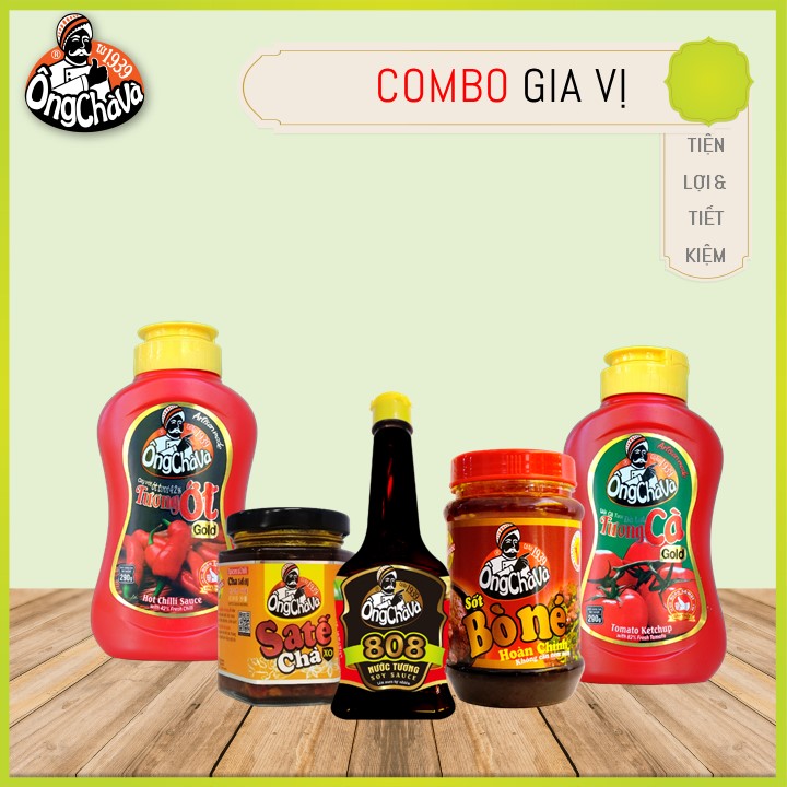 Combo 5 Loại Gia Vị Ông Chà Và (Tương ớt + Tương cà Gold 290gr, Nước tương 808 - 200ml, Số bò né 220gr, Sa tế Chà 90gr)