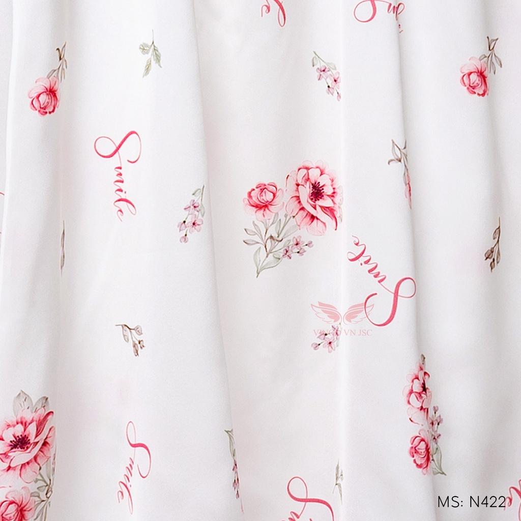 Váy ngủ đồ ngủ mặc nhà lụa cao cấp phối ren thanh lịch VINGO thiết kế tay ngắn cổ vuông hoa hồng sang chảnh N422 VNGO