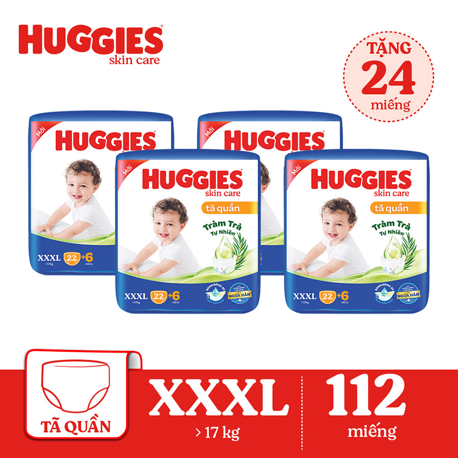 Thùng 4  Tã/bỉm quần HUGGIES SKINCARE gói JUMBO size XXXL 22+6 miếng