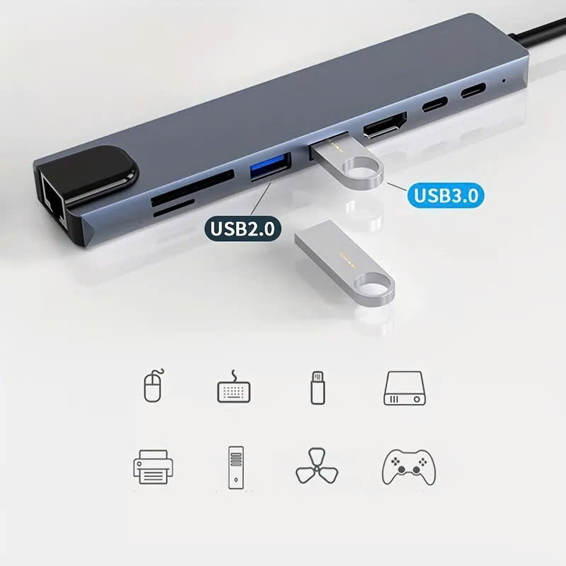 Bộ Chuyển Đổi Hub USB C Hub 8 Trong 1 Type C 3.1 Sang 4K RJ45 Đọc Thẻ SD / TF Cho MacBook Notebook Laptop Máy Tính - Hàng Nhập Khẩu