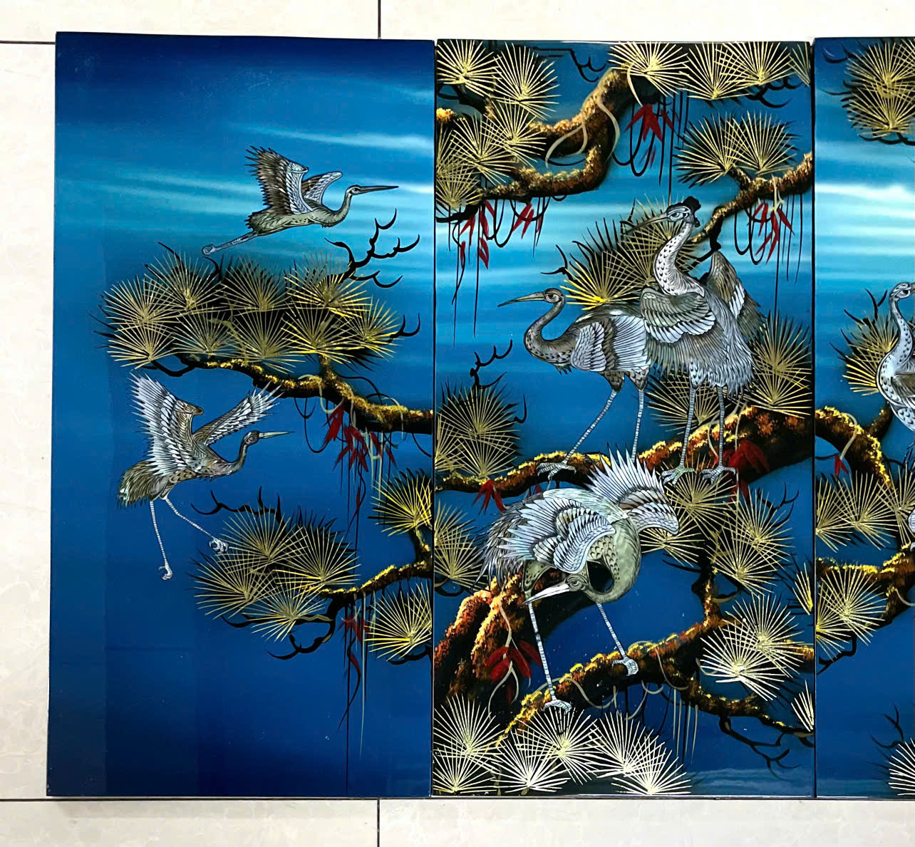 Bộ Tranh sơn mài 4 tấm- TÙNG HẠC DIÊN NIÊN - Khảm cừ size 60x120 cm / hàng cao cấp , xuất khẩu