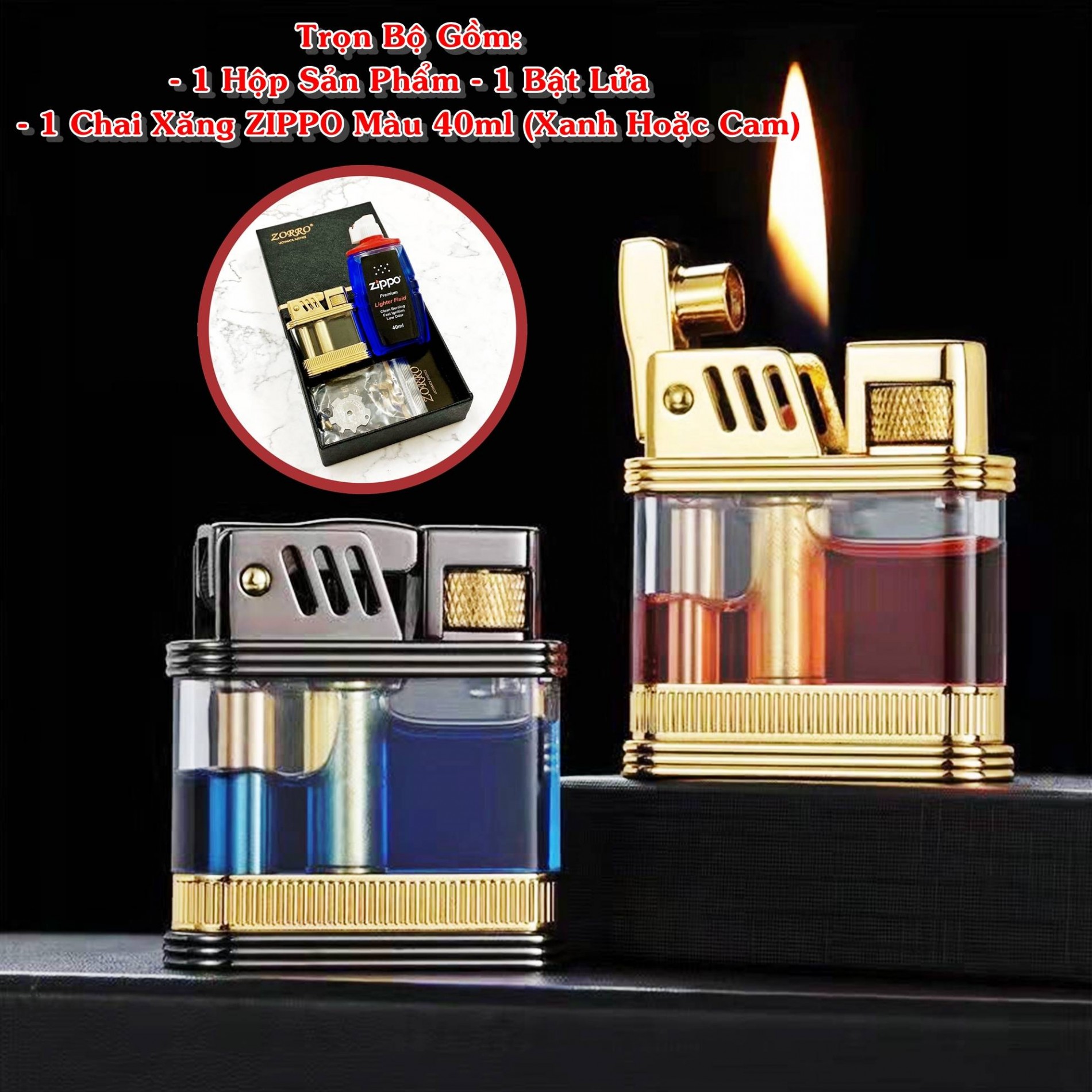 SET Bật lửa hột quẹt xăng lộ thiên Z716 tặng kèm chai xăng - xài xăng