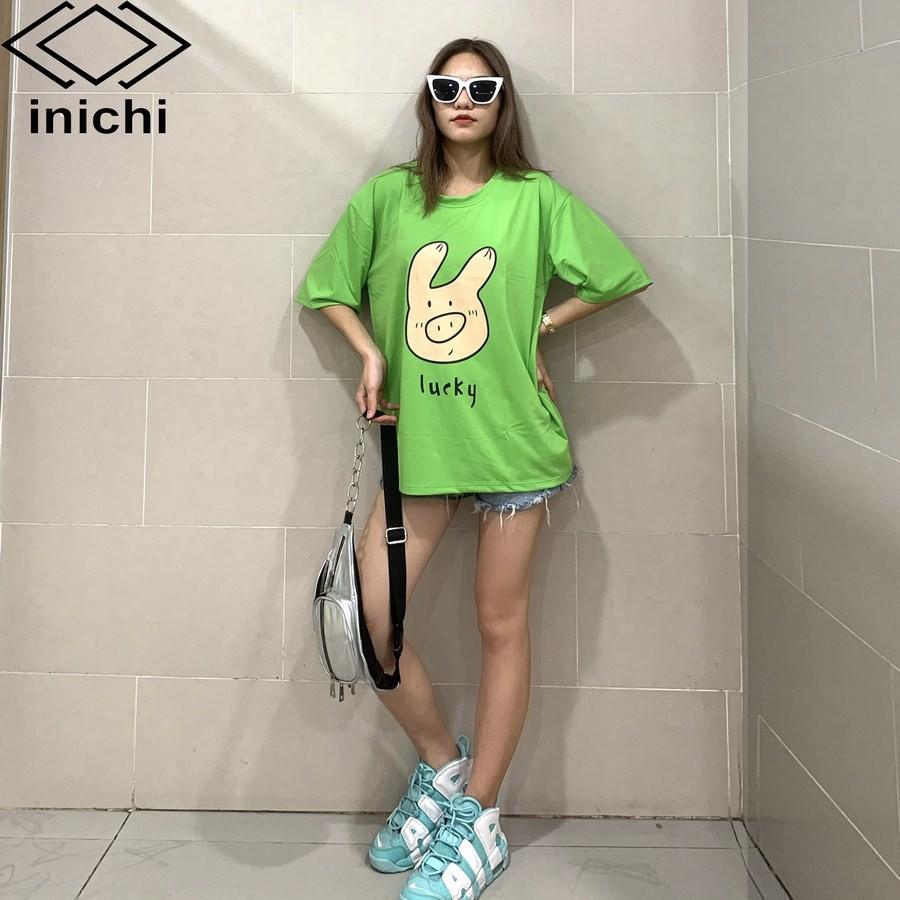 Áo thun Unisex INICHI tay lỡ form rộng phong cách nam nữ in hình chú heo lucky - A660 xanh lá
