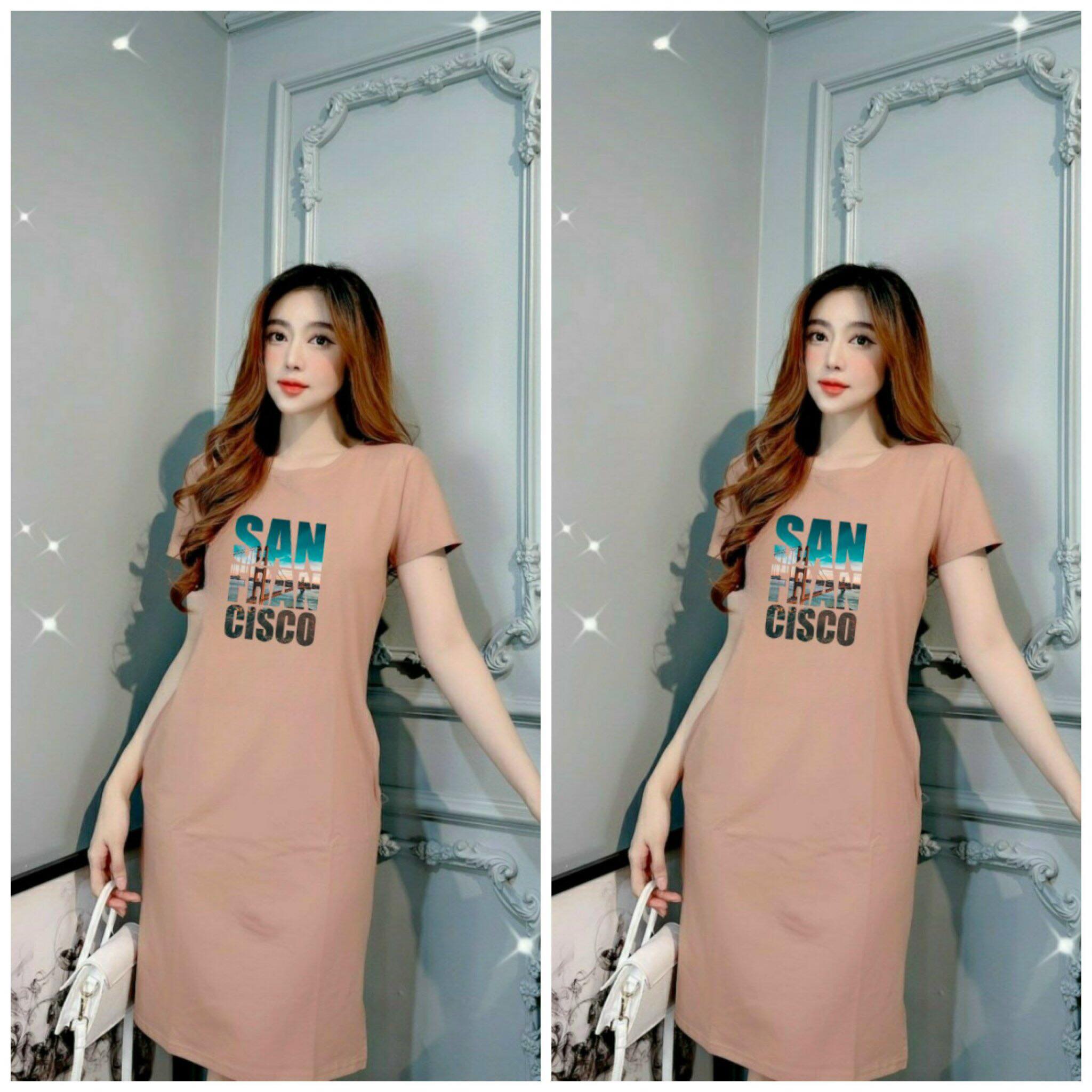 Váy thun nữ dáng suông xẻ tà cổ tròn in chữ Sanfrancisco từ 40-55kg ( D146 )