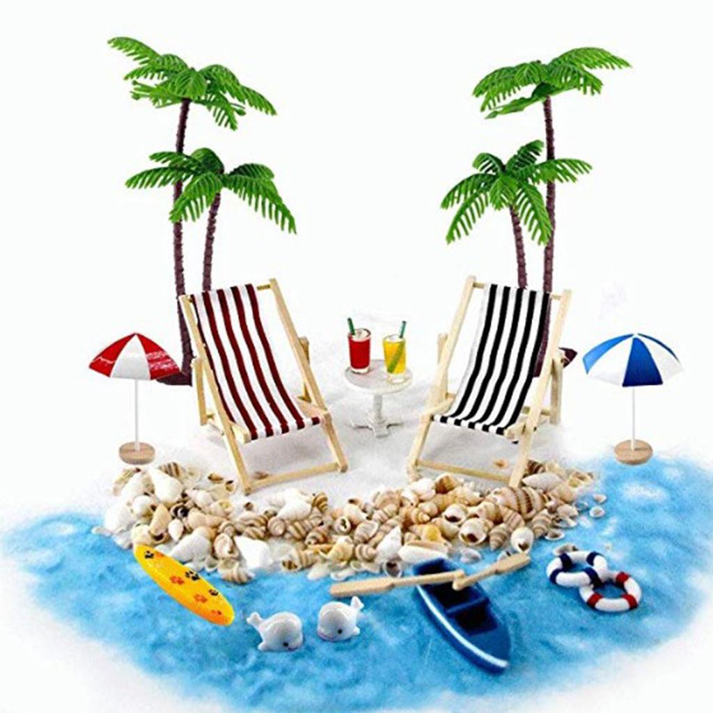 1/12 Nhà Búp Bê Mini Bãi Biển Dù Ghế Cây Bộ Phụ Kiện Cảnh Đời