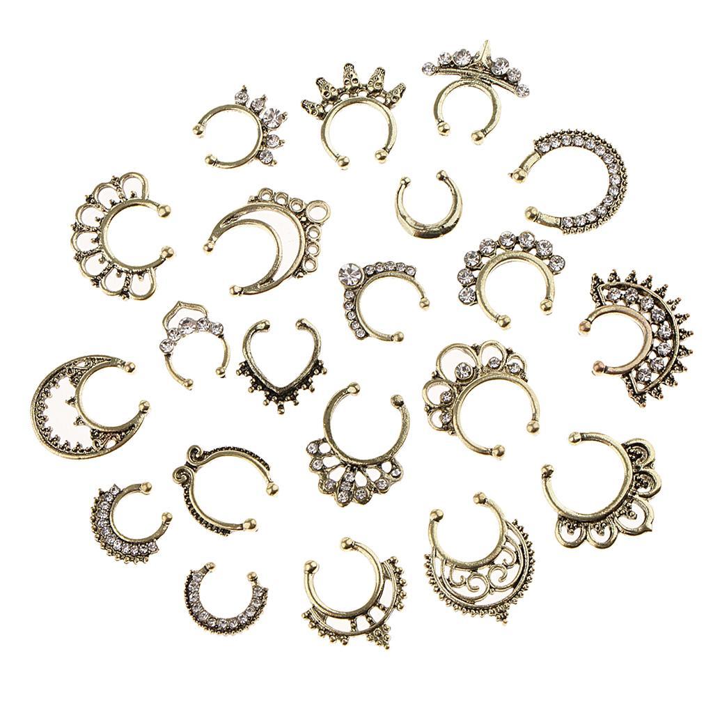 2-3pack 21 Pieces Crystal Fake Septum Clicker Nose Ring Non-piercing Antique