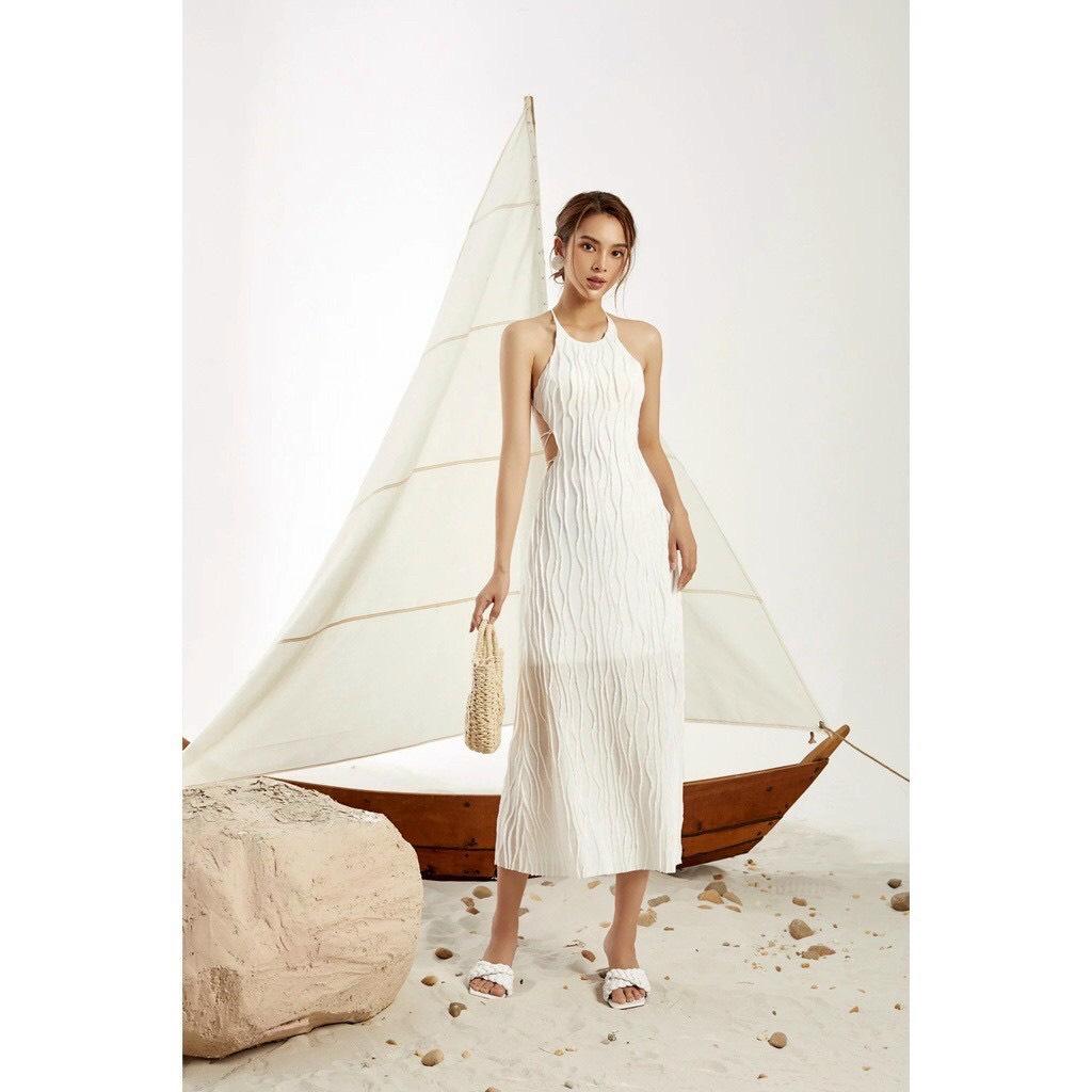 ĐẦM MAXI CỔ YẾM ĐAN DÂY LƯNG 12415