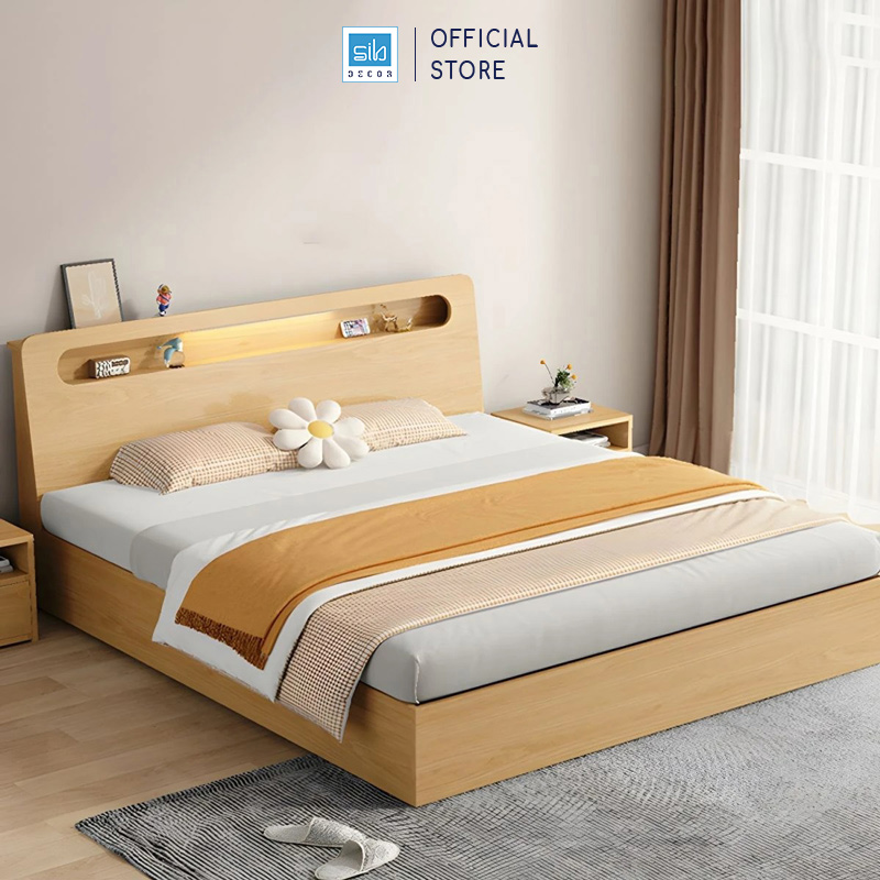 Giường Ngủ Gỗ Hiện Đại Skylar, Có Đèn LED Tích Điện Đầu Giường SIB Decor GN23