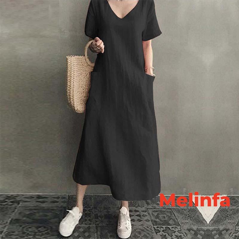 Váy đầm nữ suông chữ A cổ V trẻ trung dáng dài vải Cotton Linen tự nhiên mã VAV0326