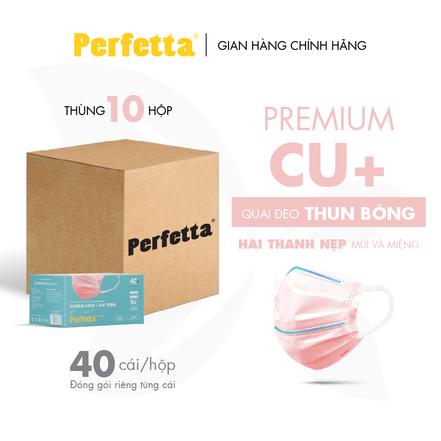 [THÙNG 400 cái] Khẩu trang y tế 3 lớp PERFETTA Premium cao cấp hai thanh mũi miệng phủ Nano đồng (40 cái/hộp)