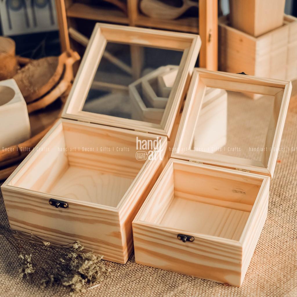 Hộp gỗ vuông nắp kính - Hộp gỗ đựng trang sức - Hộp gỗ đa năng - Wooden box glass