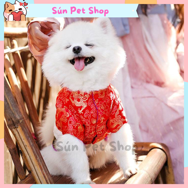 Áo Tết cho chó mèo, áo dài Tết vải gấm cho thú cưng